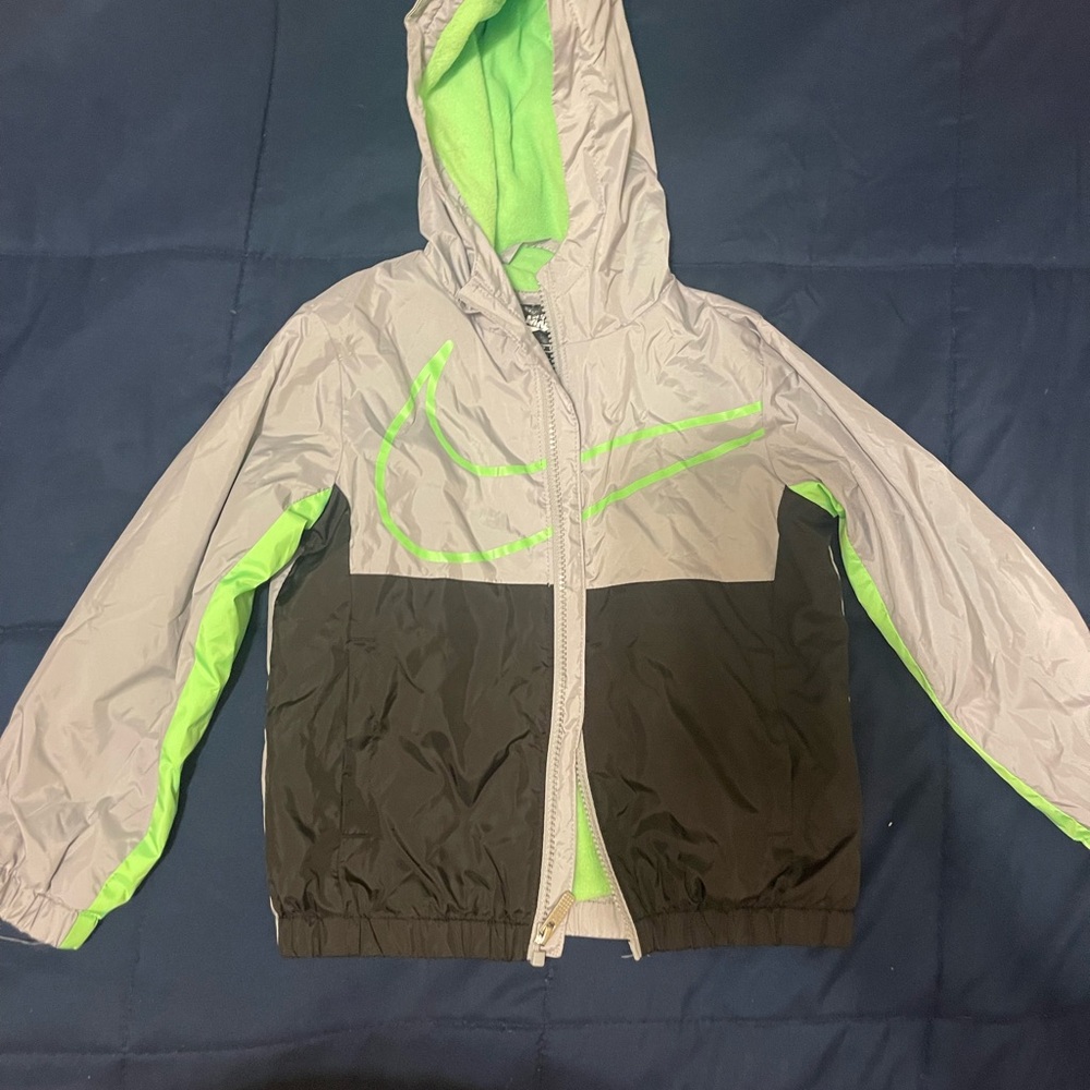 Nike Kids Gray and Black Raincoat with Green Accents
